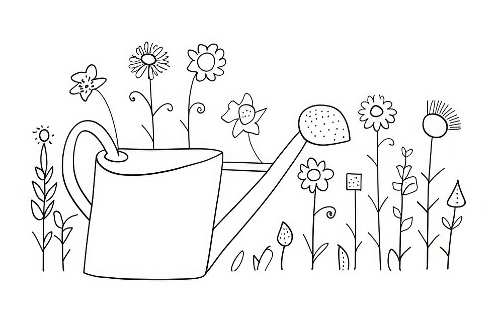 Minimal illustration of watering can with flowers drawing sketch doodle. AI generated Image by rawpixel.