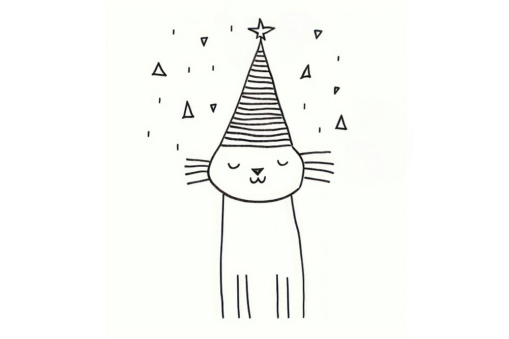 Minimal illustration of cat wearing party hat drawing sketch line. AI generated Image by rawpixel.