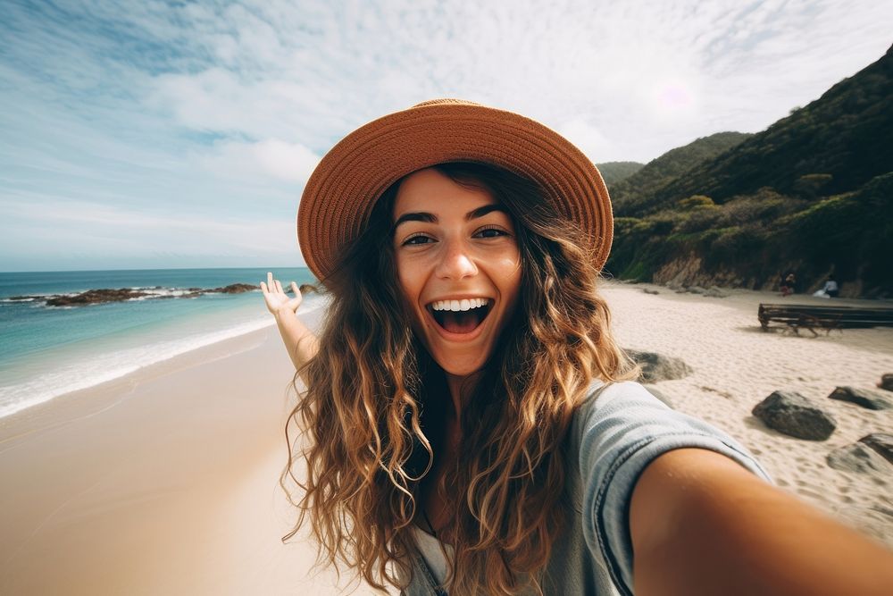 Selfie laughing camera beach. AI generated Image by rawpixel.