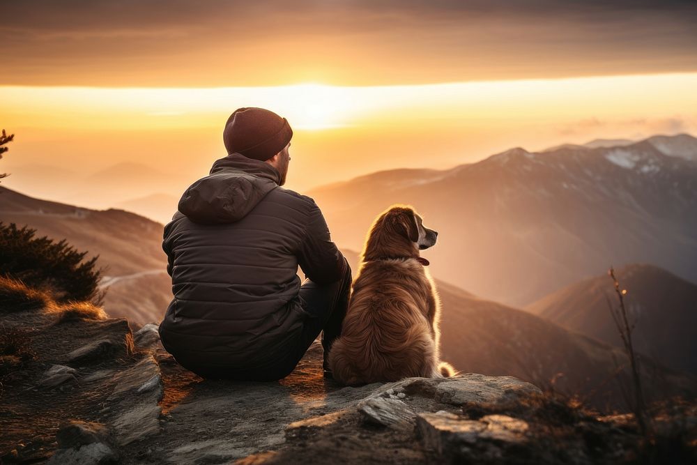 Dog mountain sitting sunset. AI generated Image by rawpixel.