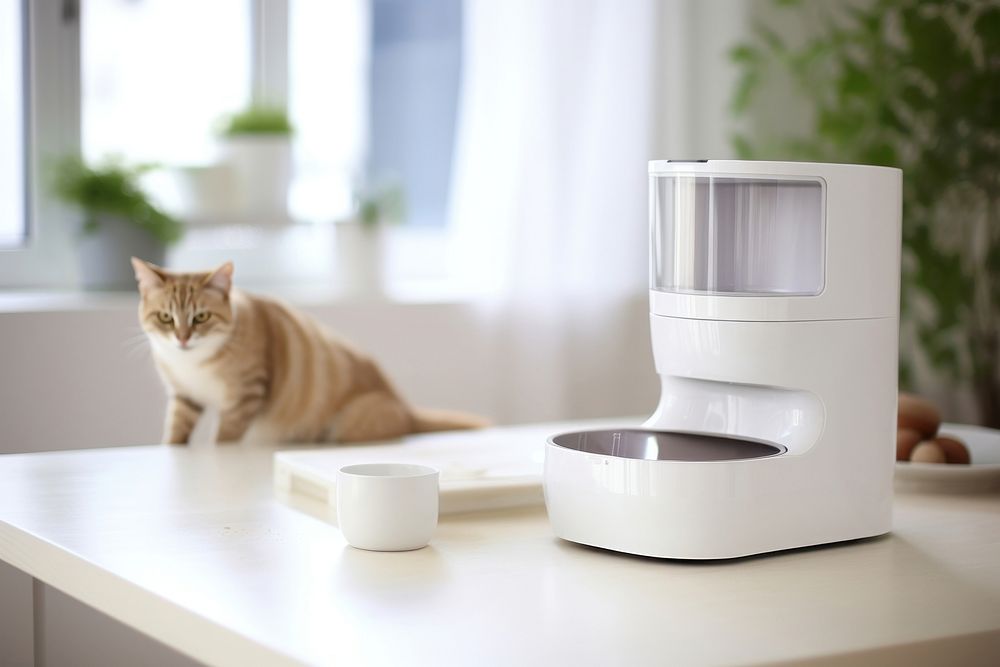 White automatic pet feeding furniture mammal cat. AI generated Image by rawpixel.