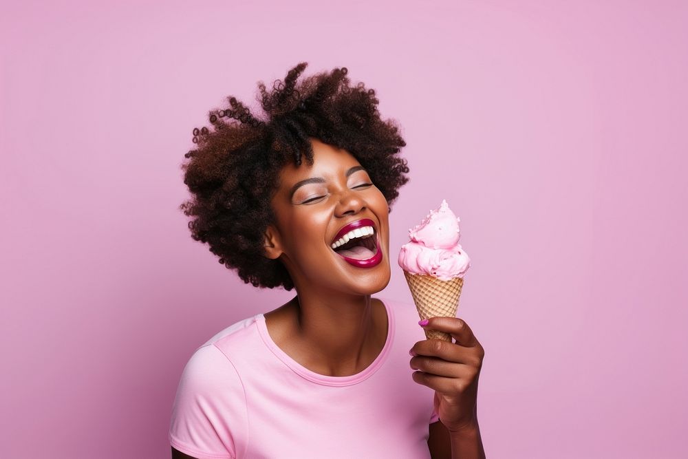 Black woman licks delicious ice cream laughing dessert adult. AI generated Image by rawpixel.