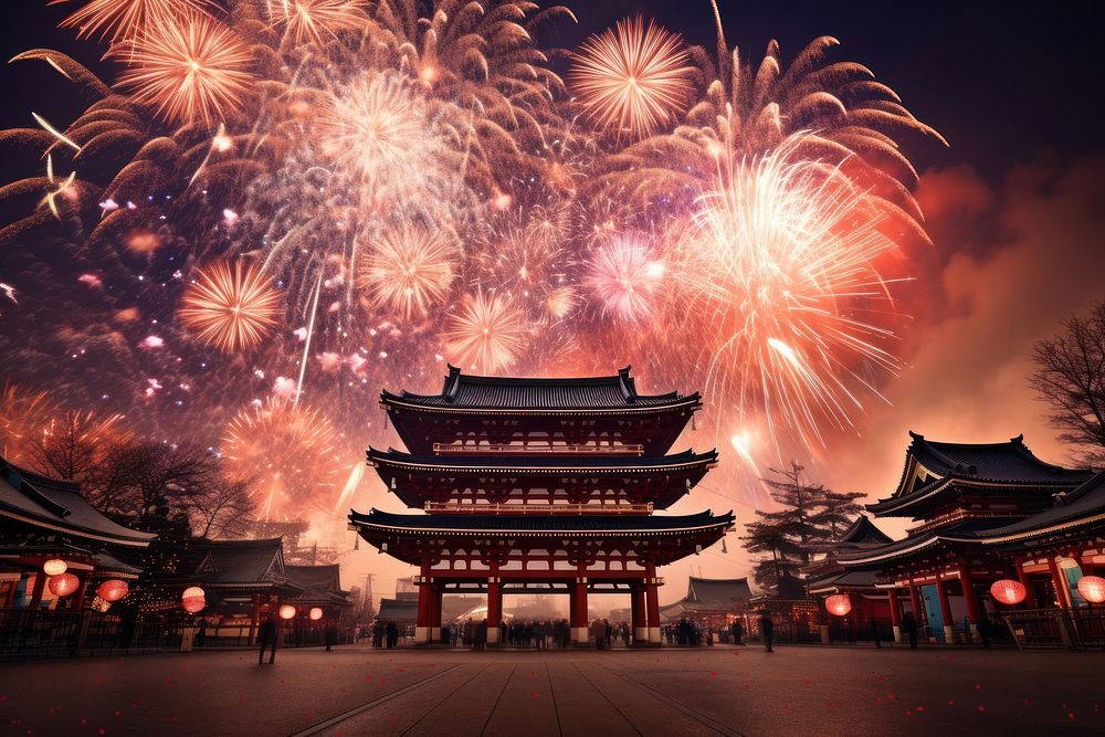 Japanese new year fireworks city architecture. AI generated Image by rawpixel.
