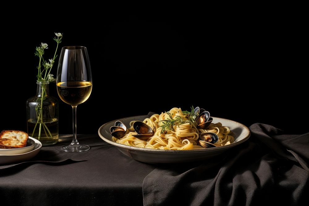 Pasta white wine sauce table food plate. AI generated Image by rawpixel.