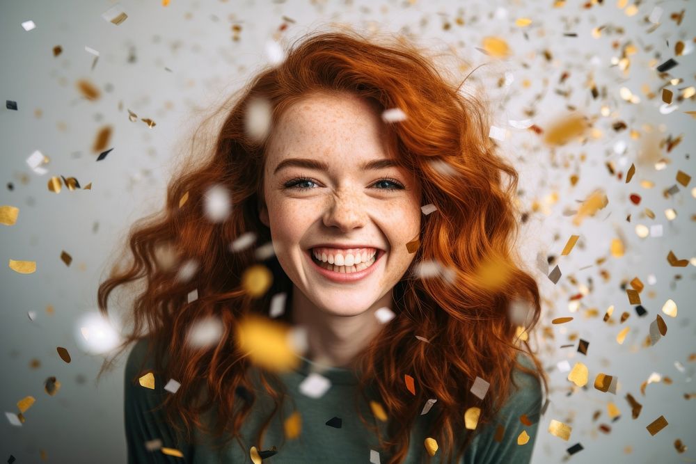 Ginger hair young adult portrait confetti cheerful. AI generated Image by rawpixel.