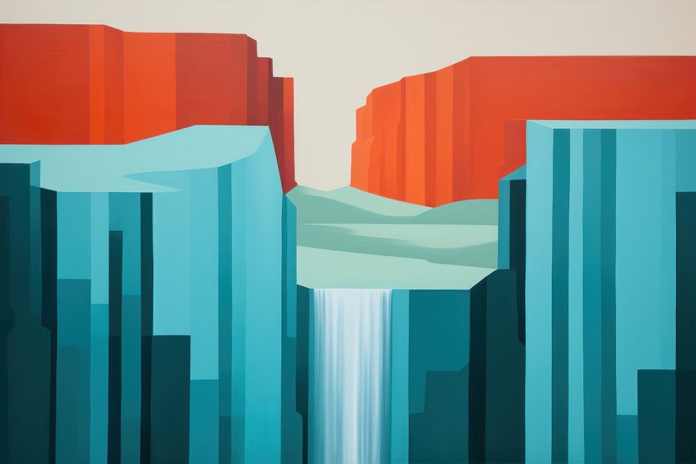 Waterfall architecture painting art. AI generated Image by rawpixel.