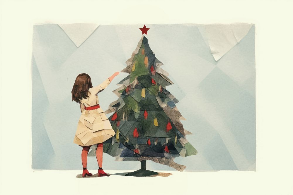 A girl decorating a christmas tree adult art representation. AI generated Image by rawpixel.
