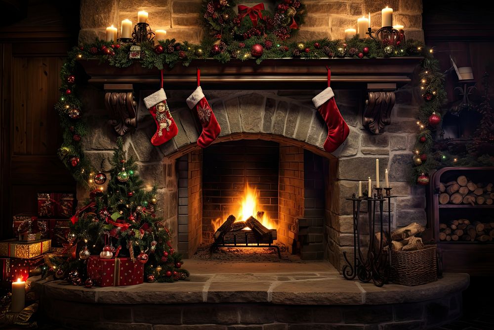 Fireplace christmas decoration hearth. AI generated Image by rawpixel.