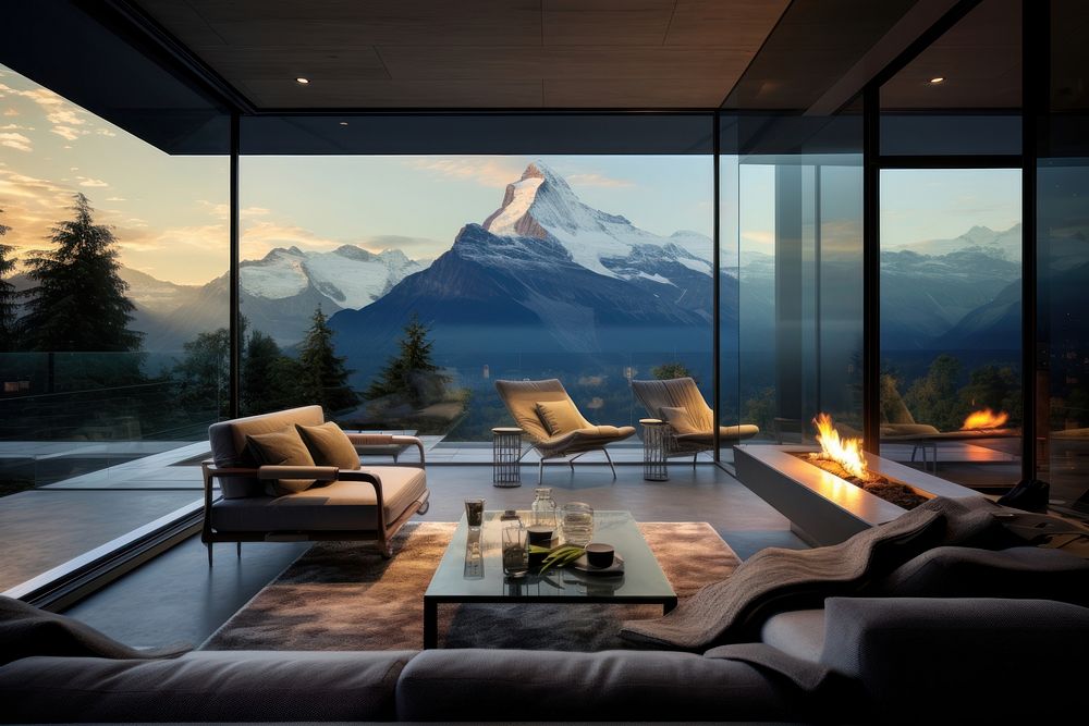 Modern glass house architecture landscape furniture. AI generated Image by rawpixel.