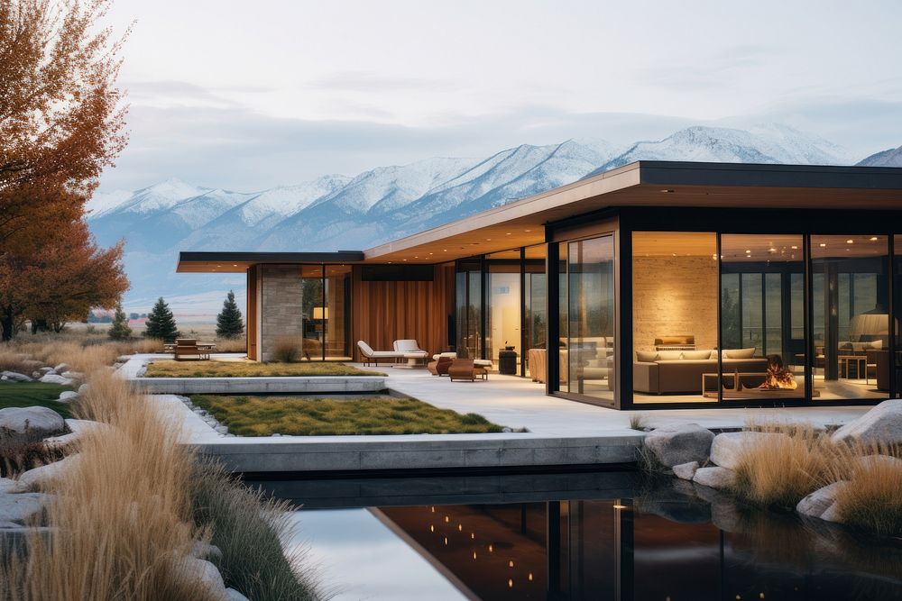 Modern glass house architecture landscape mountain. AI generated Image by rawpixel.