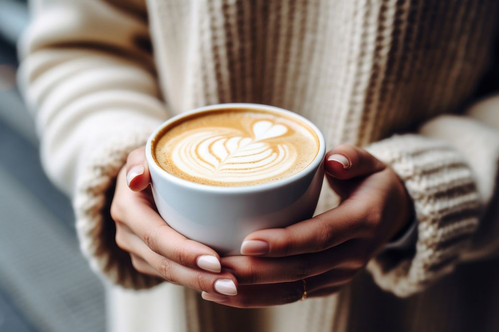 Hot latte coffee holding drink hand. AI generated Image by rawpixel.