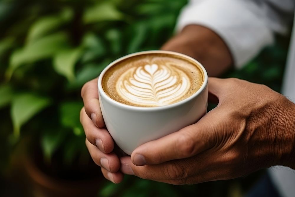 Hot latte coffee holding drink hand. AI generated Image by rawpixel.
