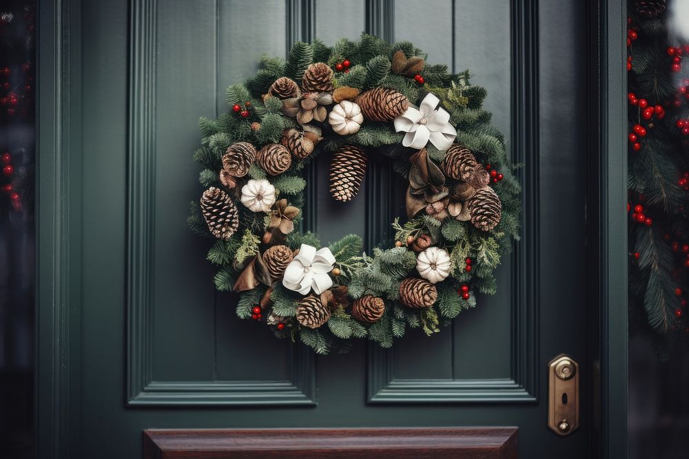 Fresh christmas wreath plant door architecture. AI generated Image by rawpixel.