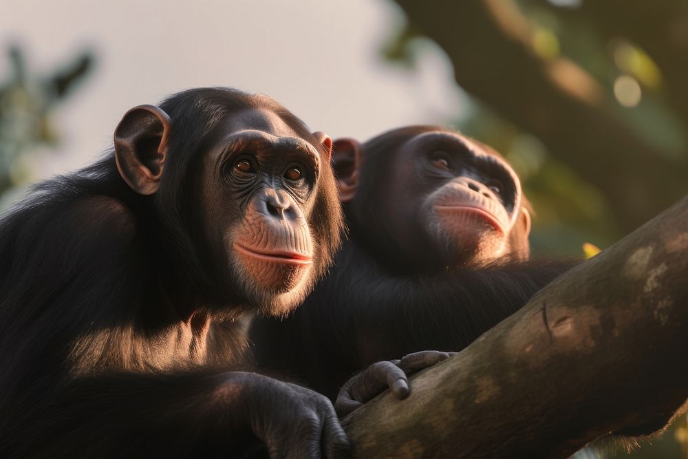 Two chimpanzees wildlife sitting monkey. AI generated Image by rawpixel.