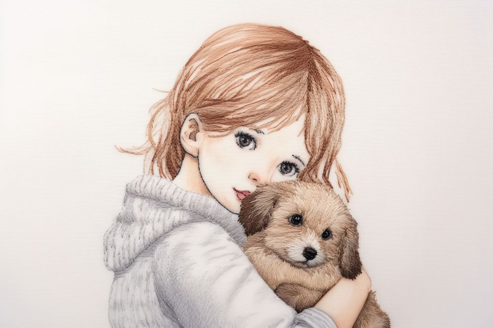 Girl huging dog portrait drawing mammal. AI generated Image by rawpixel.