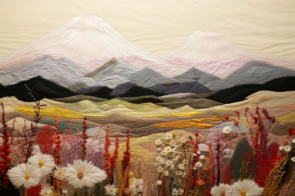 Fuji mountain japan landscape painting quilting. AI generated Image by rawpixel.