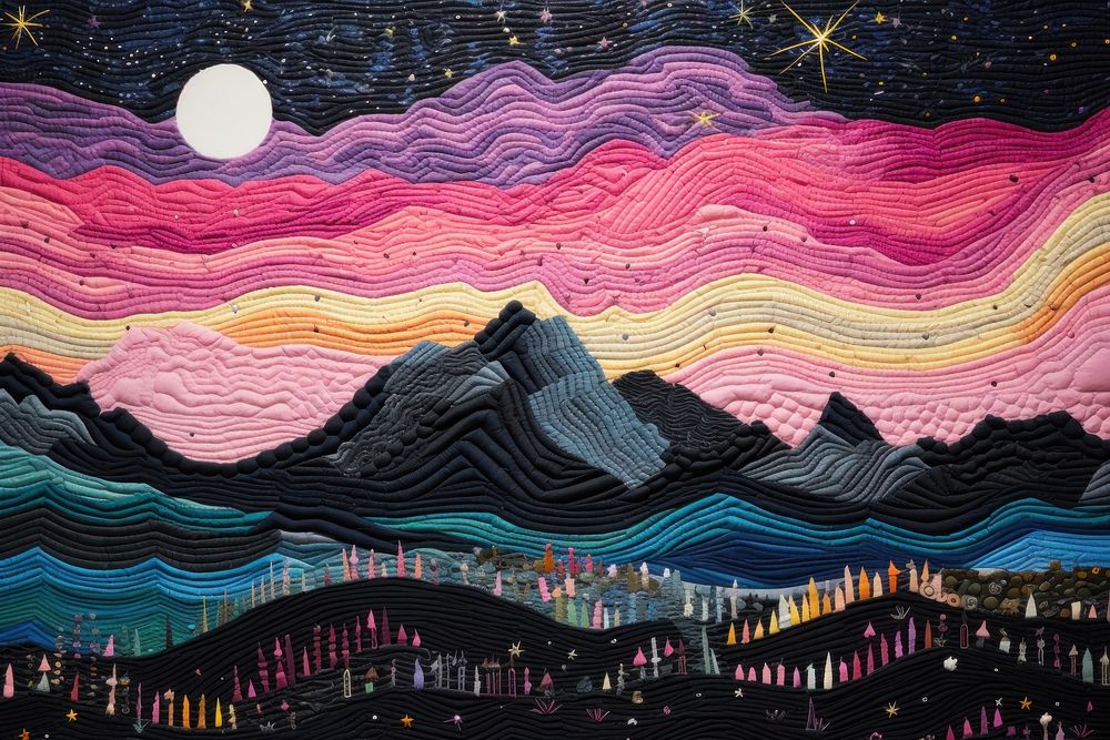 Pink Starry sky landscape painting outdoors. 