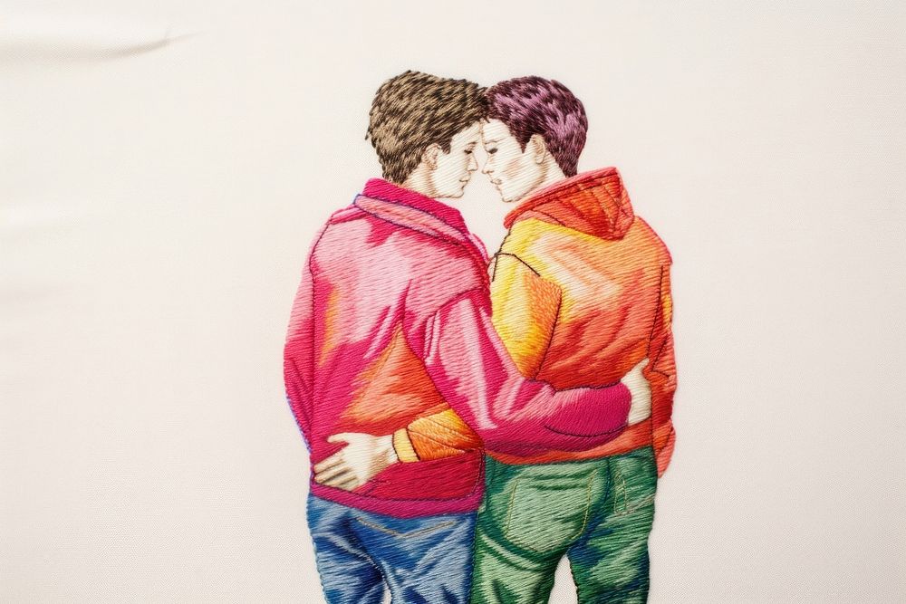 LGBTQ couple hugging embroidery painting drawing. AI generated Image by rawpixel.