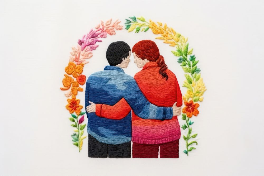LGBTQ couple hugging embroidery pattern adult. AI generated Image by rawpixel.