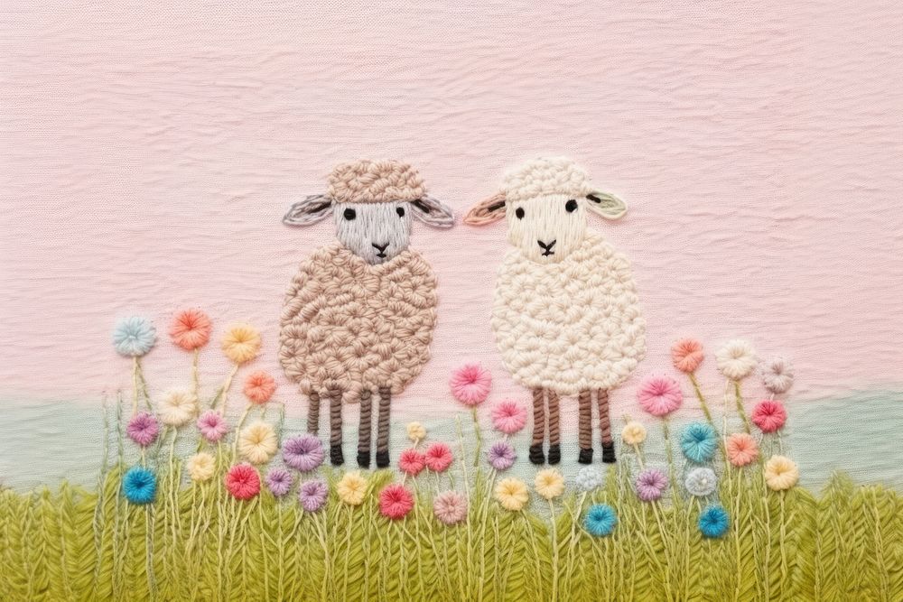 Sheep Couple embroidery art toy. AI generated Image by rawpixel.