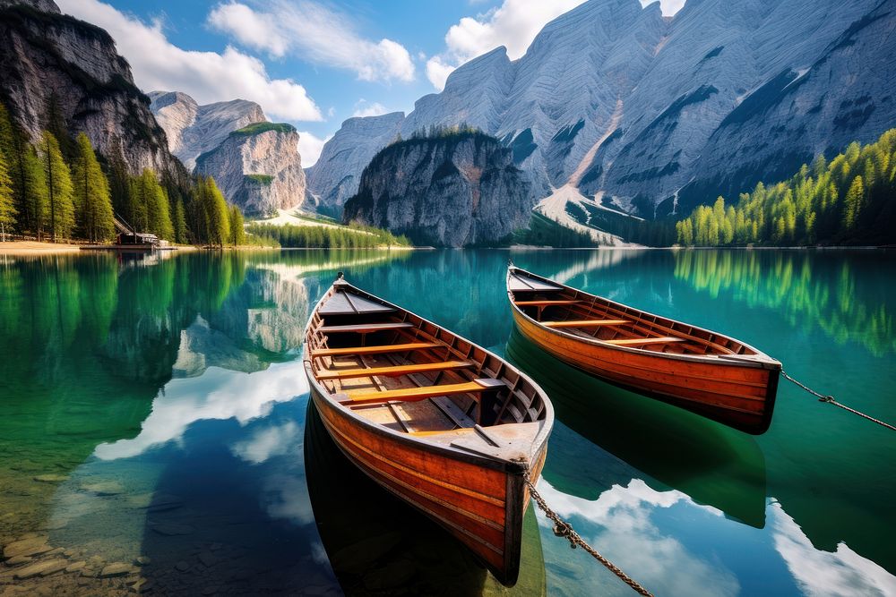 Mountains lake boat landscape. AI generated Image by rawpixel.