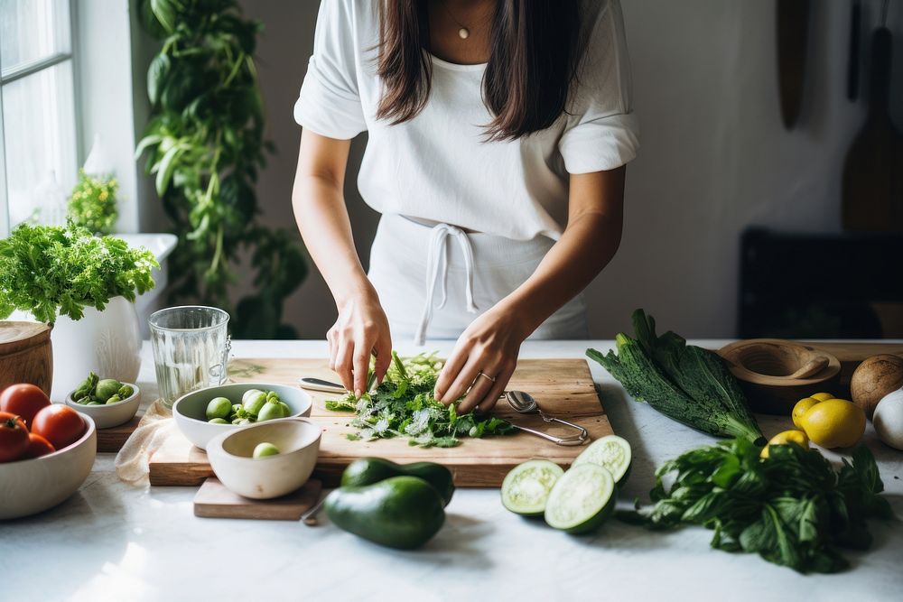 Women prepare healthy ingredients cooking kitchen adult. 