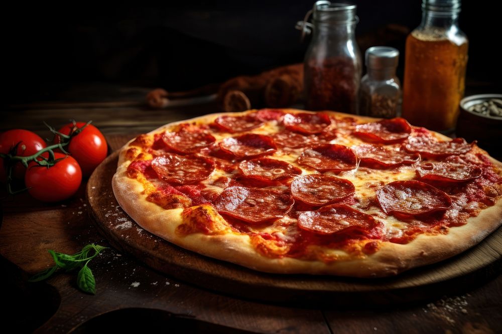 Freshly baked pepperoni pizza rustic table food. AI generated Image by rawpixel.