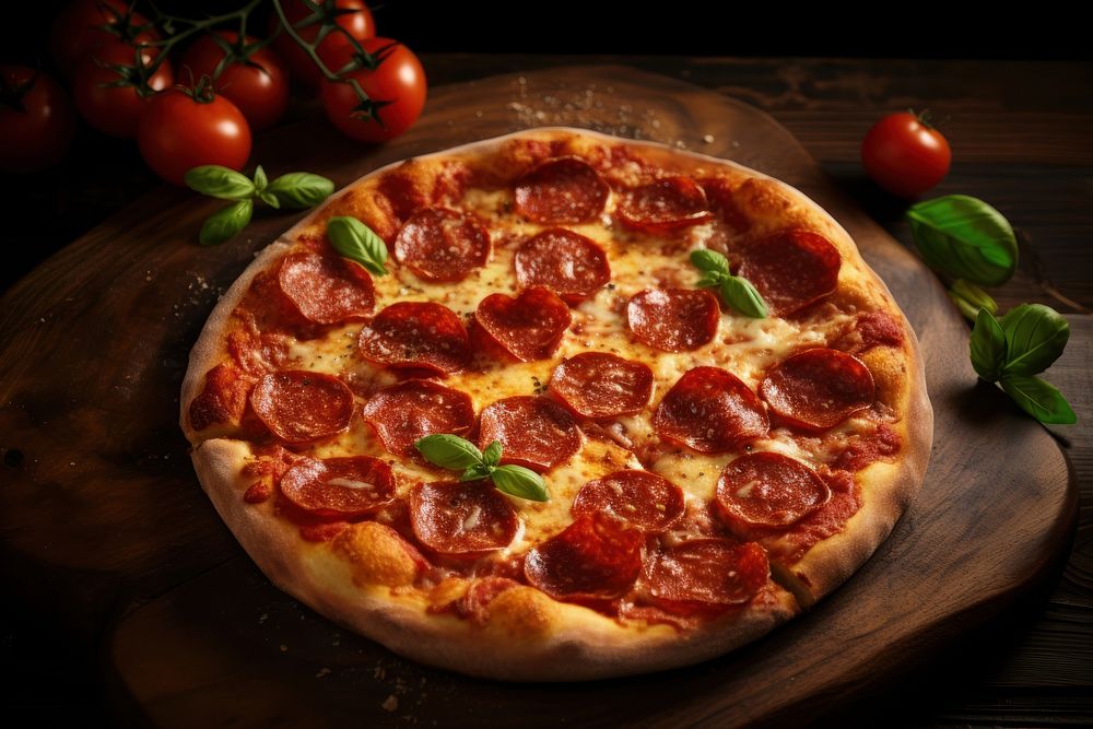 Freshly baked pepperoni pizza rustic table food. AI generated Image by rawpixel.