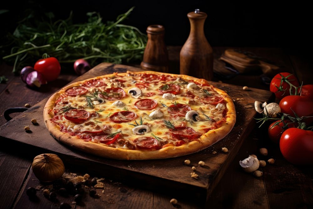 Freshly baked pizza rustic table food. AI generated Image by rawpixel.