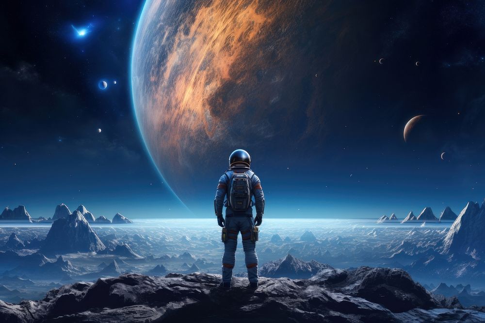 Astronaut wearing fancy spacesuit planet moon landscape. AI generated Image by rawpixel.