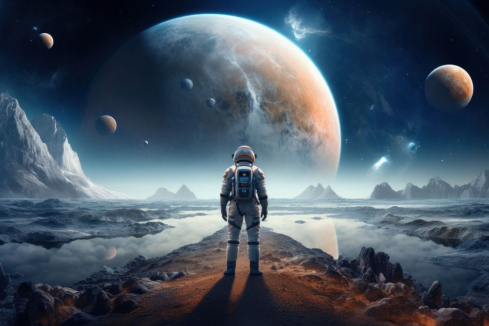 Astronaut wearing fancy spacesuit planet moon astronomy. AI generated Image by rawpixel.