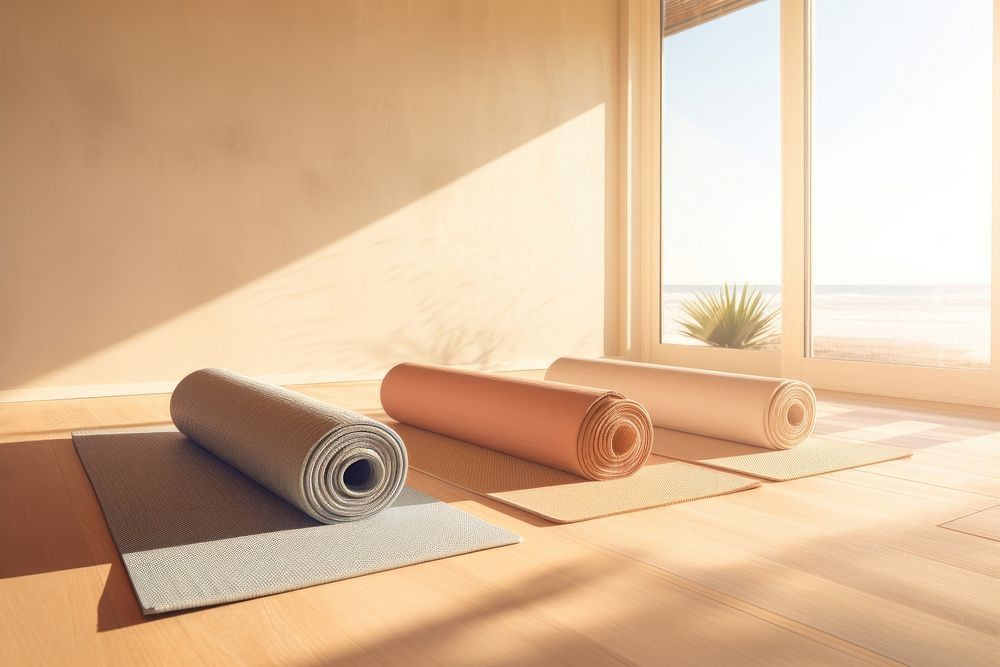 4 Rolled up yoga mats flooring wood room. AI generated Image by rawpixel.