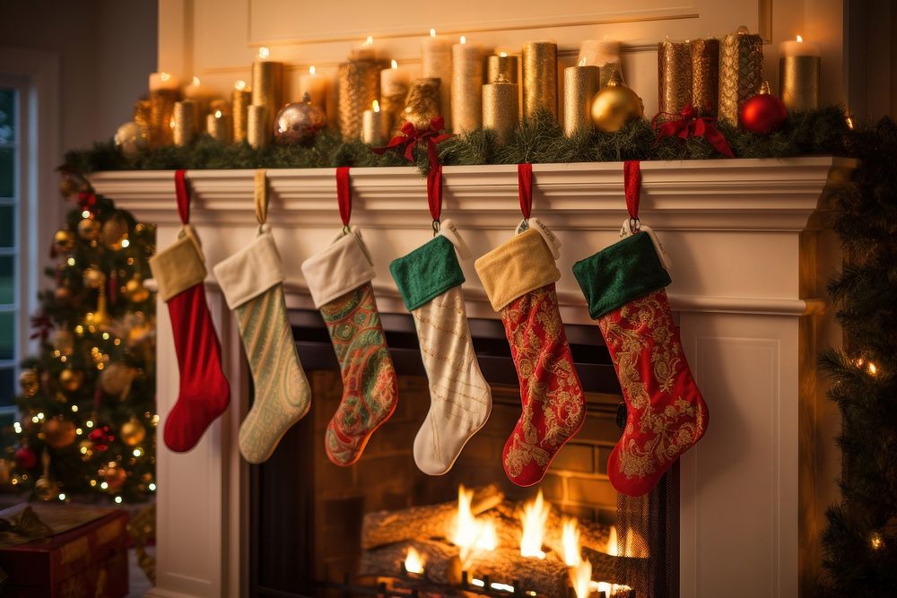 Christmas stockings fireplace hanging gift. AI generated Image by rawpixel.