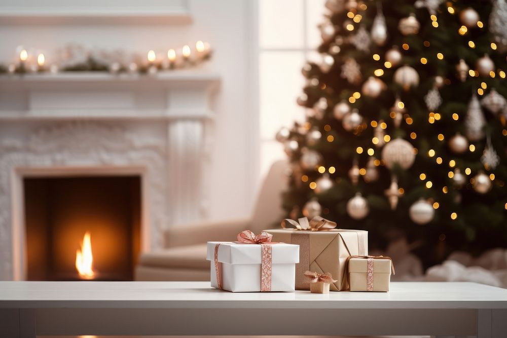 Christmas gifts fireplace candle tree. AI generated Image by rawpixel.