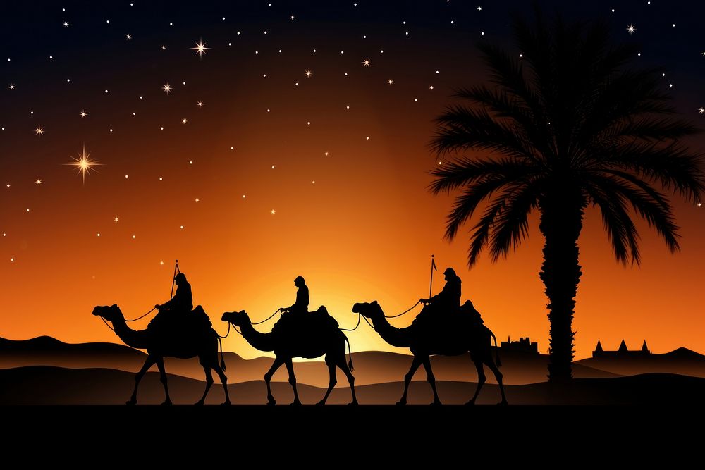 Three wise kings riding camel silhouette outdoors nature. AI generated Image by rawpixel.