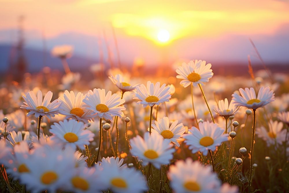 Daisy field blossom sun landscape sunlight. AI generated Image by rawpixel.