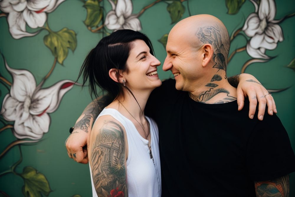 Couple portrait tattoo smiling. AI generated Image by rawpixel.