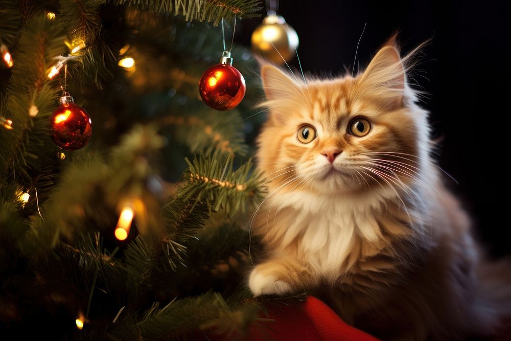 Christmas tree mammal animal kitten. AI generated Image by rawpixel.