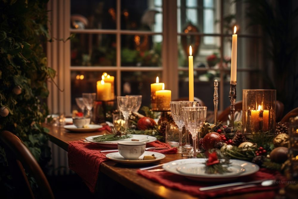 Christmas dinner candle table plate. AI generated Image by rawpixel.