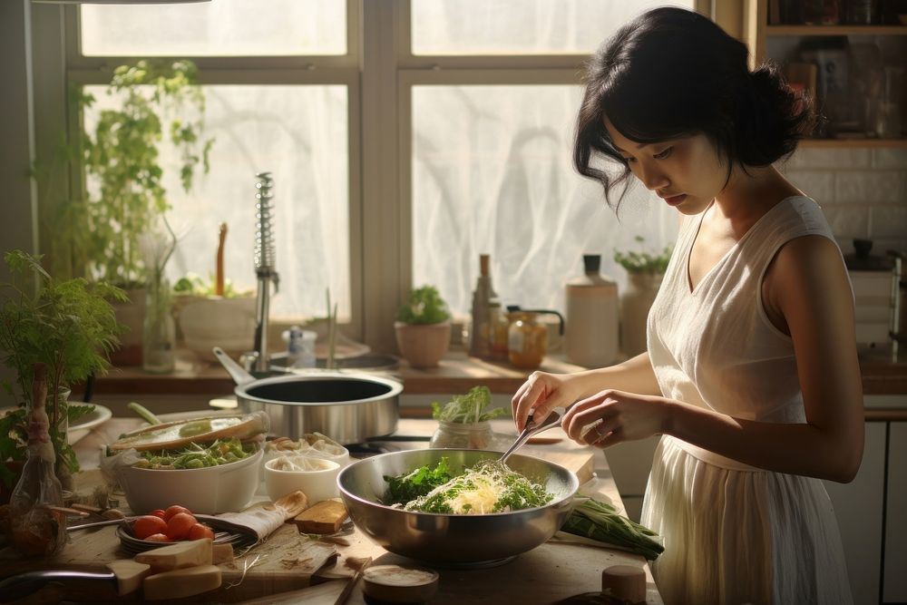 Korean woman kitchen adult food. AI generated Image by rawpixel.