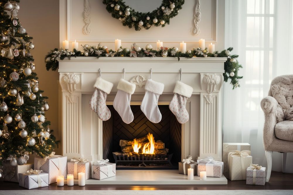 Christmas stockings fireplace candle anticipation. AI generated Image by rawpixel.