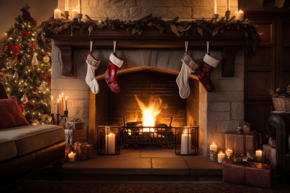 Christmas stockings fireplace hearth candle. AI generated Image by rawpixel.