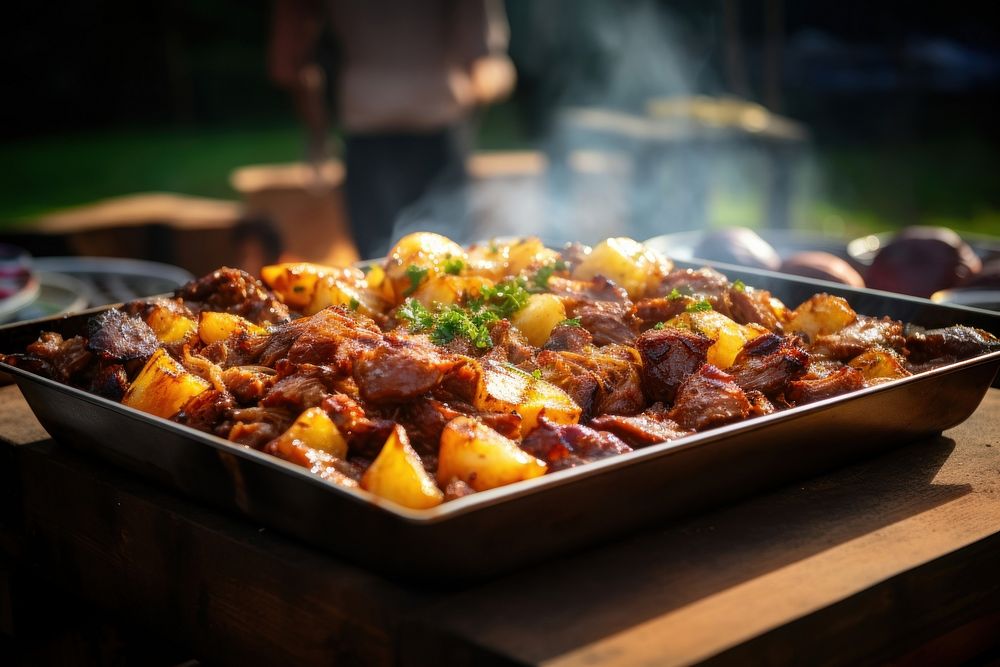 Juicy watery chopped barbeque meat grilling outdoors table. AI generated Image by rawpixel.