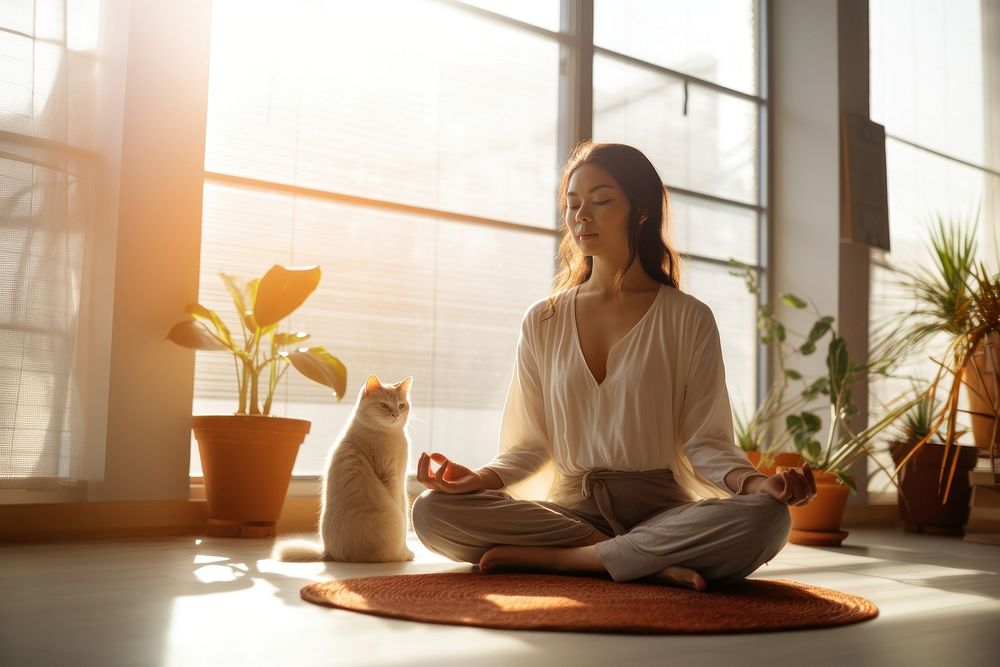 Young adult asian woman meditation sitting yoga pet. AI generated Image by rawpixel.