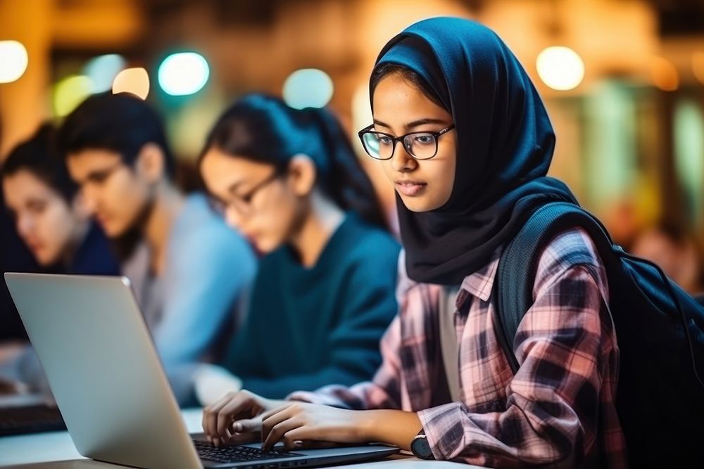 Asian Female Student Studying computer studying portrait. AI generated Image by rawpixel.