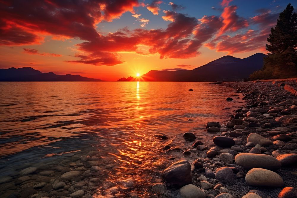 Lake sunset coast landscape. AI generated Image by rawpixel.