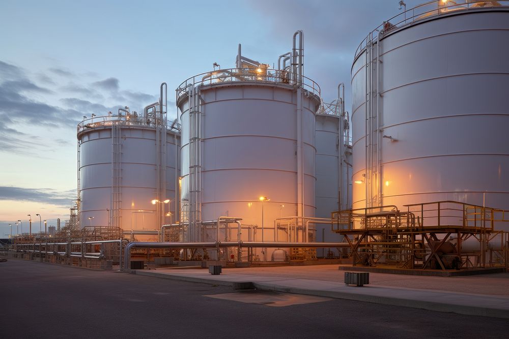 Fuel storage tanks refinery factory architecture. AI generated Image by rawpixel.