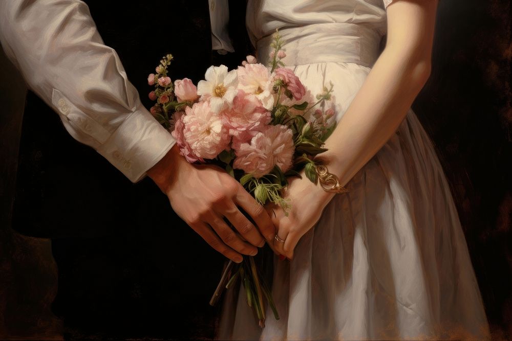 Hand holding bouquet wedding flower dress. 