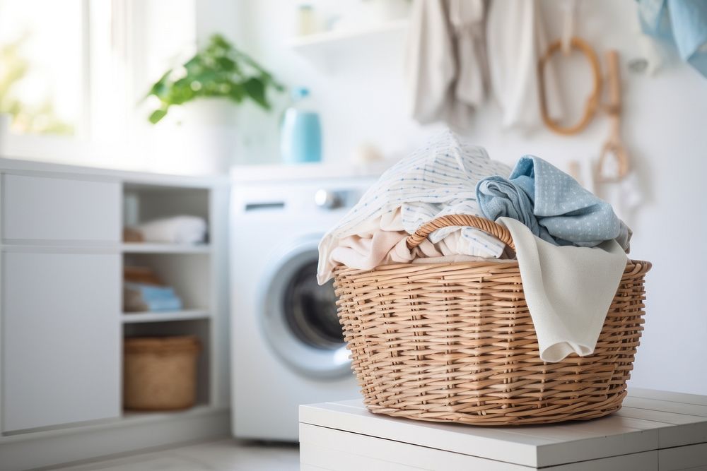 Middle age woman holding laundry basket appliance dryer room. AI generated Image by rawpixel.