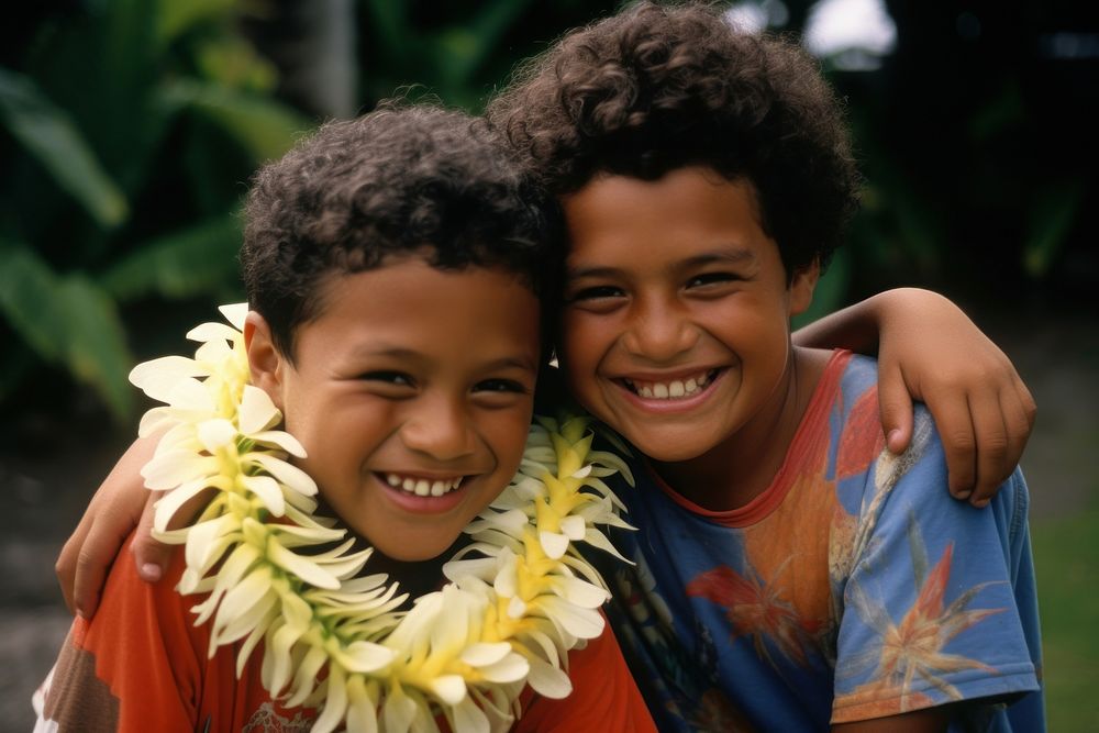 Micronesian gay couple kid smile portrait plant. AI generated Image by rawpixel.